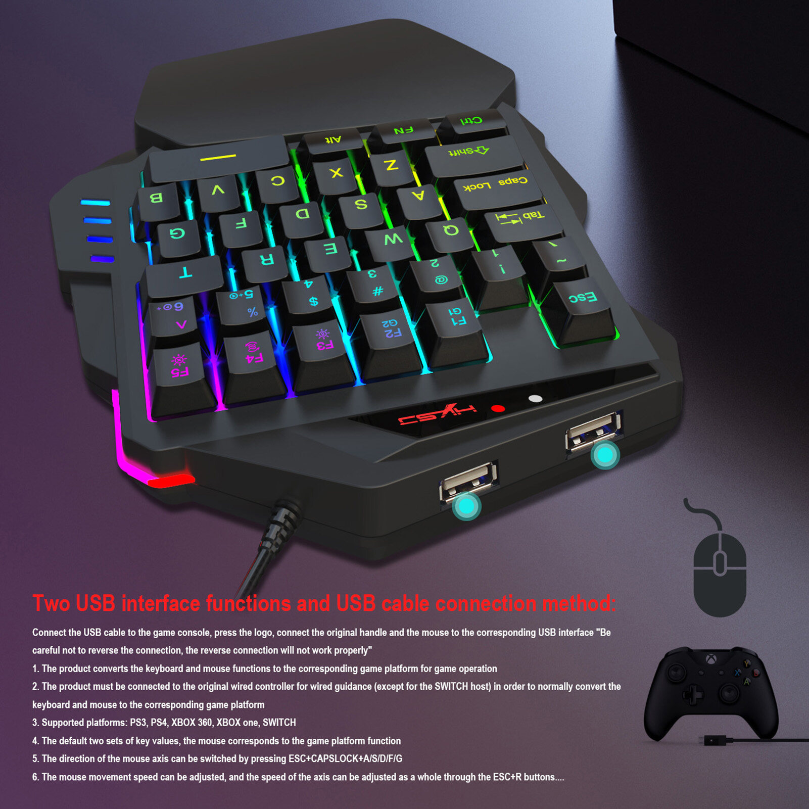 HXSJ V500 Streaming Ribbon Converter One-handed Keyboard with USB Converter Interface Flow Color Light Keyboard for PBUG Black. 