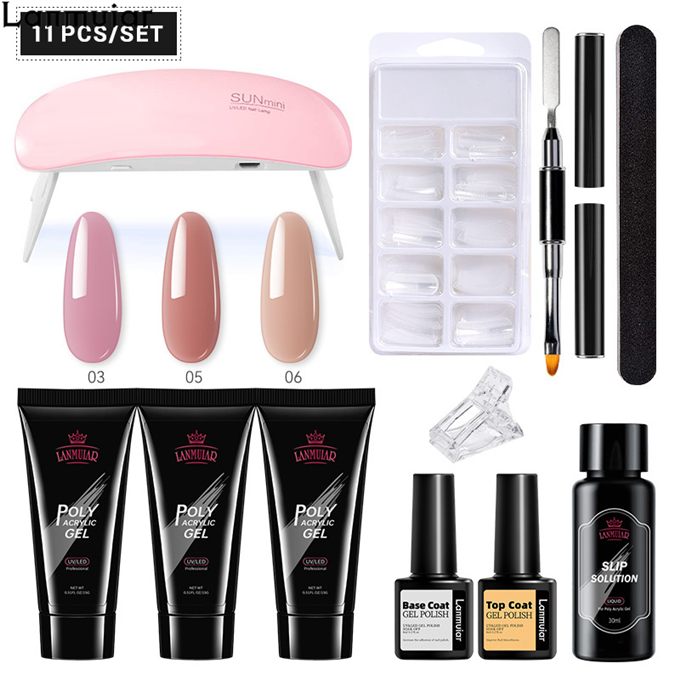 Lanmuiar 11pcs set 3 Color Polygel Nail Kit Nail Builder Kit Nail Extension Kit with UV Lamp Top Coat Base Coat All-in-One for Nail Starter Different Nail Art Ideas DIY Home Manicure. 