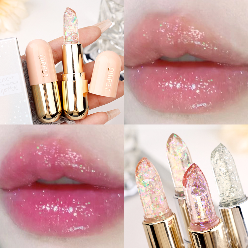 Soft Jelly Lipstick Color Changing Glossy Hydrating Moisturizing Glitter Lipstick Sparkling Sequins Turning Red Shade Lip Balm. 