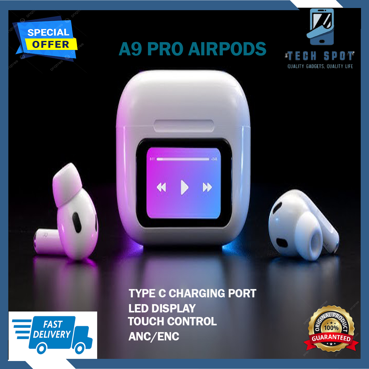 Airpods A9 pro Touch Screen Display with ANC ENC. 