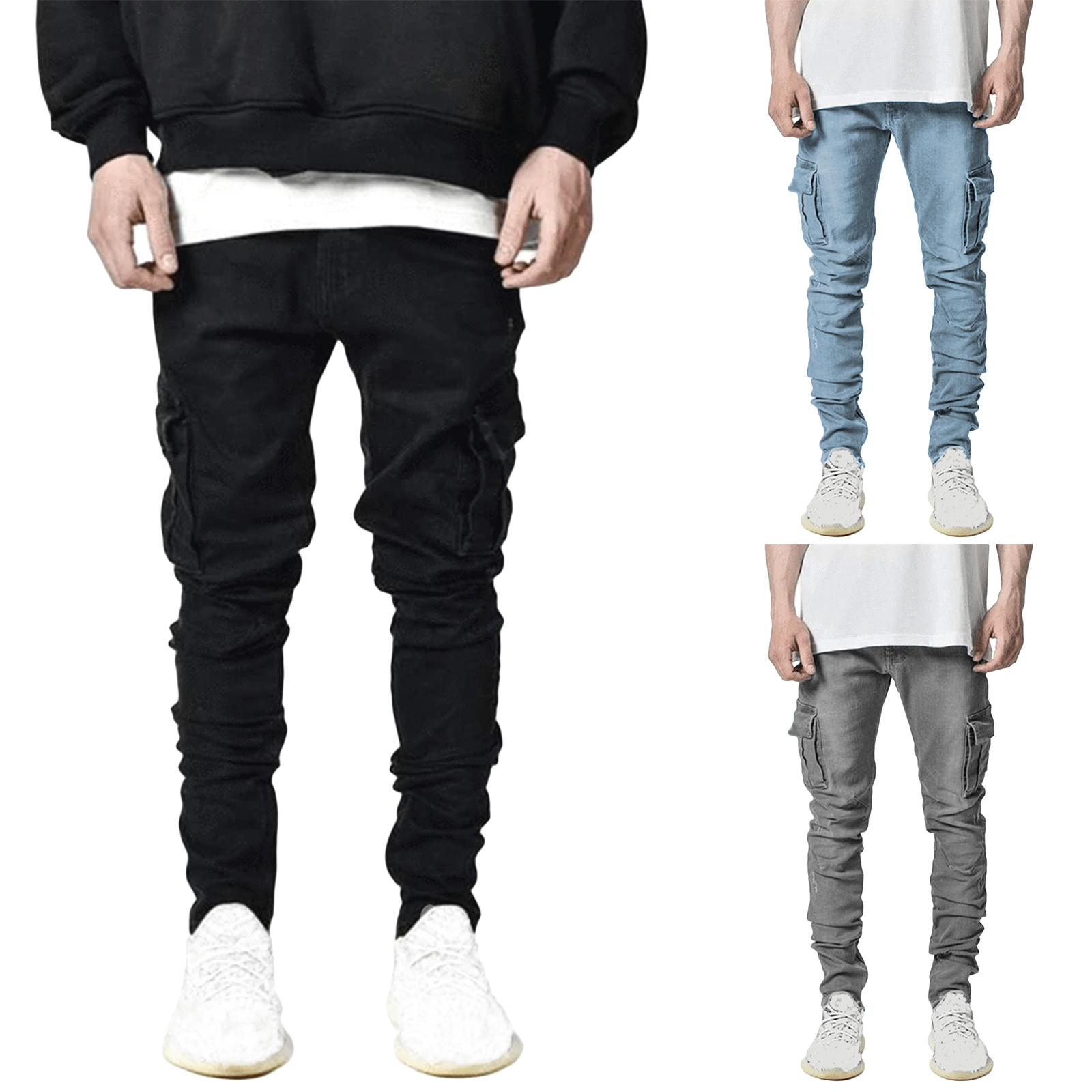men casual cotton denim trousers multi pocket cargo jeans