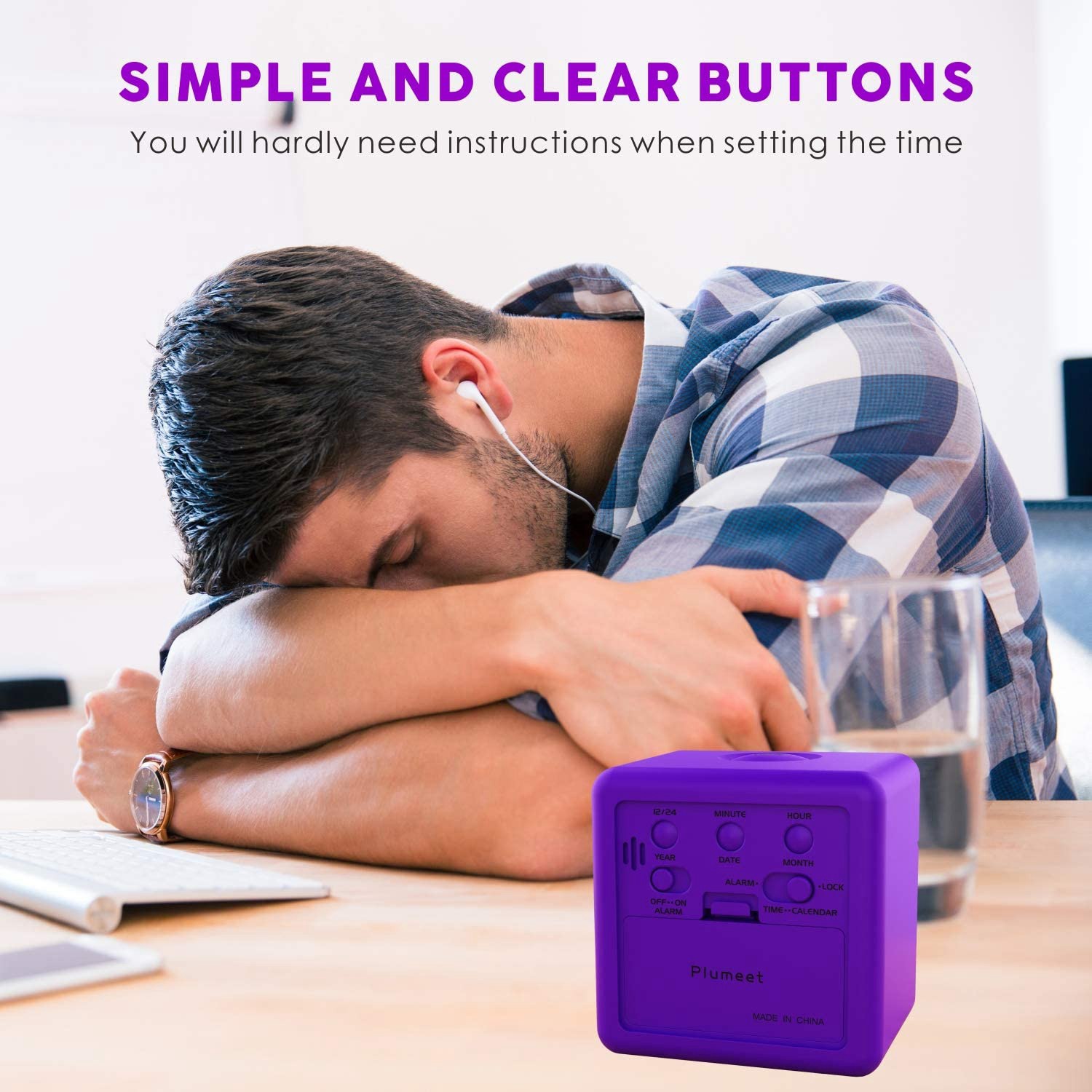 Digital Alarm Clock with Snooze LED Night Light for Bedroom,Small Desk Bedside Travel Clocks Display Time Date,Purple. 