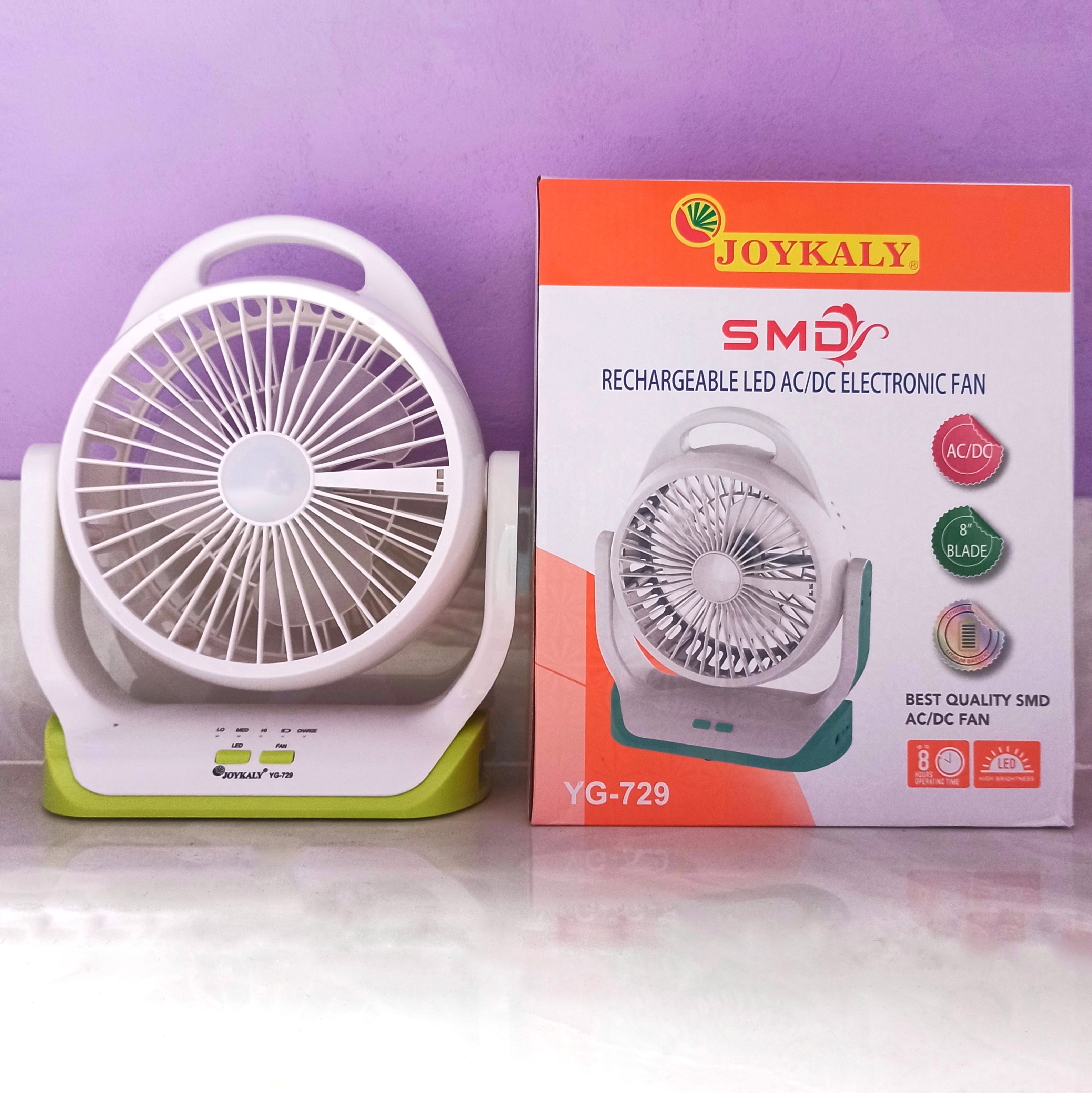JOYKALY YG-729 AC/DC Rechargeable 2400mAh Battery Strong Wind Up-Down Adjustable Table Fan With Light. 