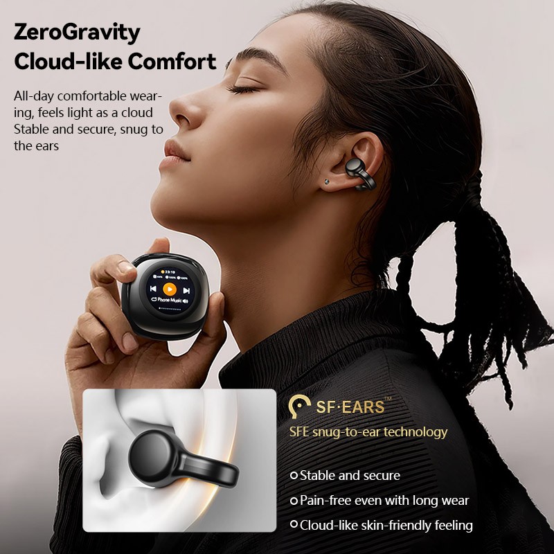 LCD Multifunctional Open Ear Clip On Headphones Built-in 1GB TF Card,Wireless Earbuds Bluetooth 5.4 Sport Earphones with TF Card Slot,2 in 1 MP3 Player Earbud with Charging Case Built-in Touch Control LED ScreeO. 