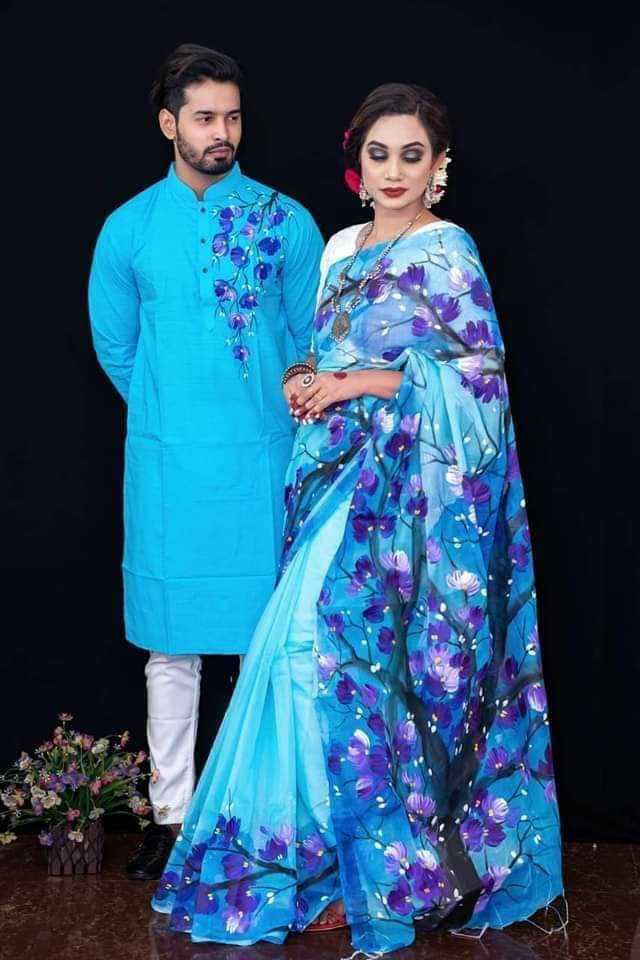 Stylish & fashionable New Hand Print Matching best/Coupple Dress/For Men & Women / Saree & Panjabi/ (Combo Set)) - Panjabi - Panjabi For Men