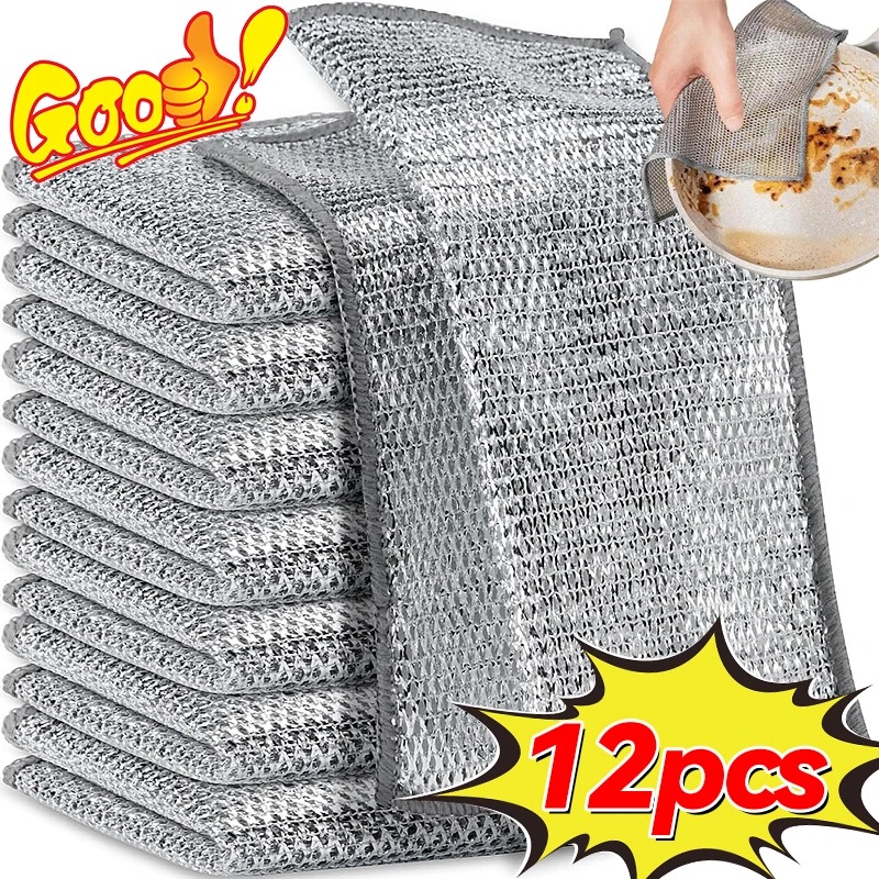 12 Pcs Magic Cleaning Cloth Kitchen Dishwashing Towel Metal Steel Wire ...