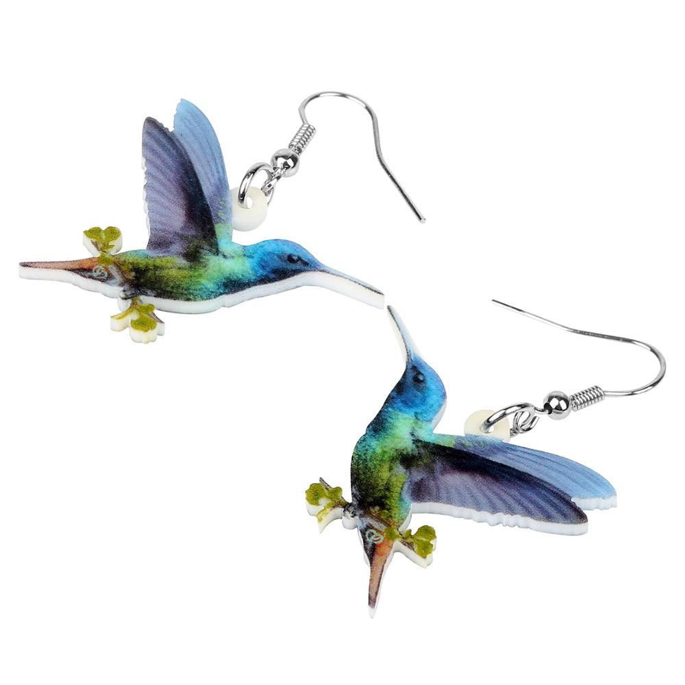 BONSNY Acrylic Floral Rainbow Color Hummingbird Birds Earrings Fashion Long Drop  Dangle Jewelry For Women Girls