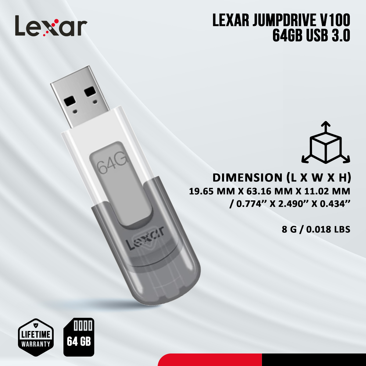 Lexar JumpDrive V100 64GB USB 3.0 Pen Drive with Protective Cap - Plug-and-Play - PC/Mac Compatible. 