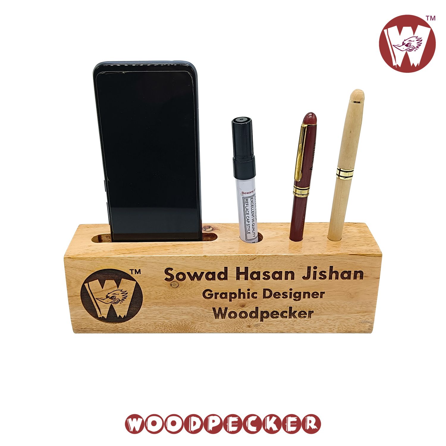 Customizable Mahogany Wood Table Nameplate with pen, mobile & card holder for office desk. 