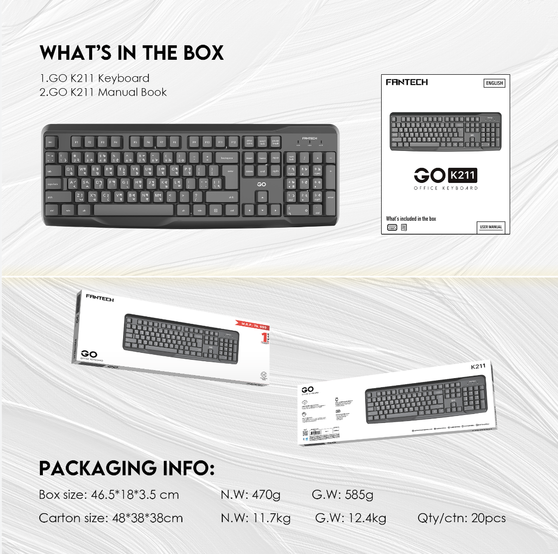 FANTECH GO K211 Smooth Typing Keyboard 104 Keys Spill Resistant Keyboard English And Bangla USB Wired Easy To Read Keys Computer Keyboard Ergonomics Keyboard For Office PC. 