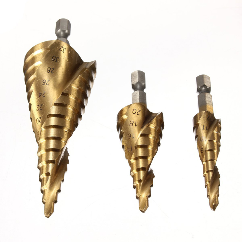 3 tlg HSS Step Drill Bit Drill Set 4-12mm/ 4-20mm/ 4-32mm -  as shown. 