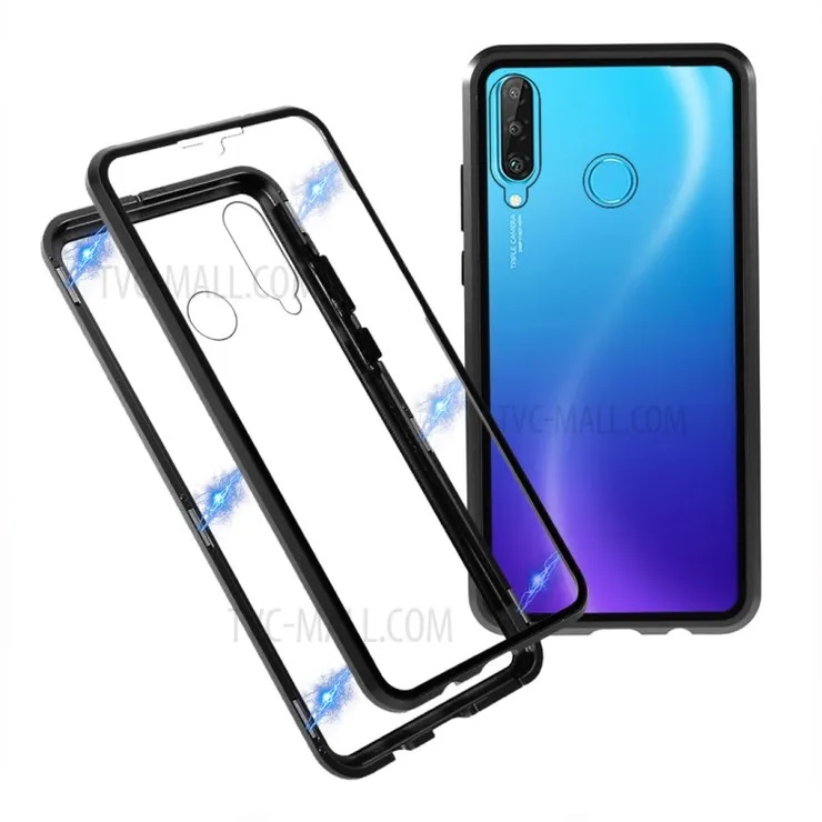 Huawei P30 Lite - 360 Degree Magnetic Adsorption Case Metal Frame Tempered Glass Back with Built-in Magnet Cover