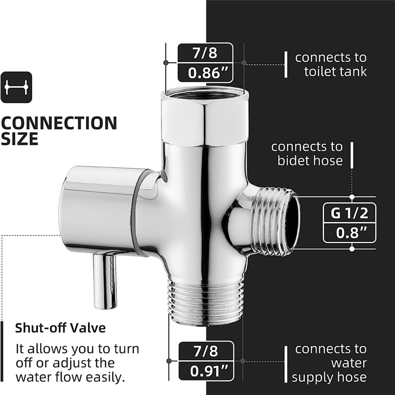 Bidet T Adapter with Shut-Off Valve 3-Way Tee Connector 7/8In X 7/8In X G1/2 for Toilet Bidet Sprayer. 