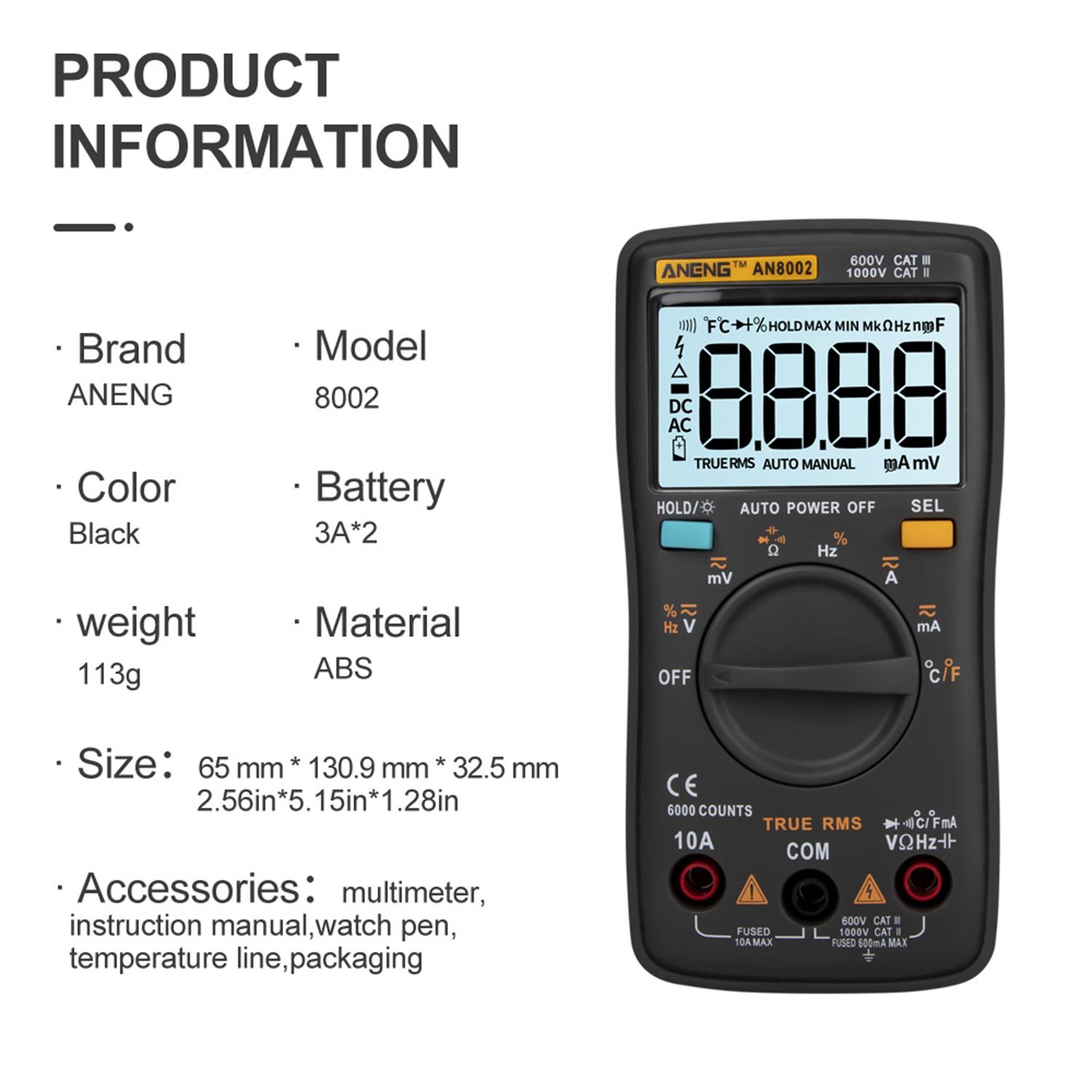 KOGEEK ANENG AN8002 6000 Counts True RMS Digital Multimeter Voltmeter Ammeter High Accuracy Measure Temperature AC/DC Voltage Current Resistance Capacitance Frequency Duty Cycle Diode Tester. 