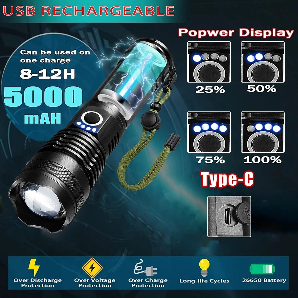 XHP360 Led Flashlight 18650 Rechargeable Torch 5000mAh XHP50 Tactical Flashlight With Usb Charging Waterproof Lantern Work Light. 