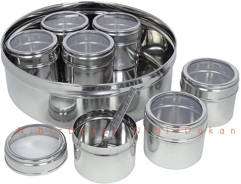 7 Pcs Stainless Steel Masala Dabba spice box with transparent glass ...