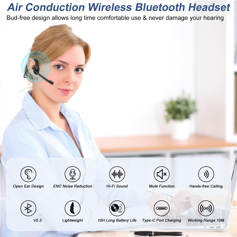 Open Ear Headphones Wireless Noise Cancelling Headset with Microphone for Office Driving Work Home Plastic