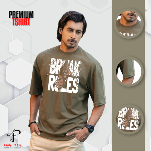 Exclusive Premium Break Rules Printed Olive Color Cotton Drop Shoulder T-Shirt For Men (Printed Drop Shoulder T-Shirt For Men)