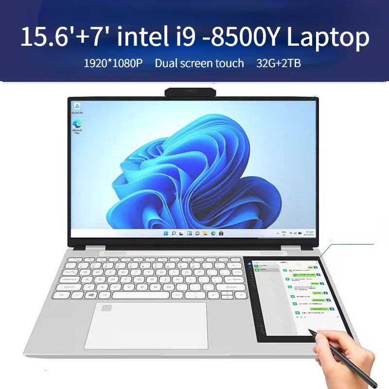 15.6'+7' Dual Touch Laptop Intel N95 Core i7-8500U Notebook Windows11 Ultra-thin 32GB RAM 2TB SSD 1920x1080 Original Keyboard. 