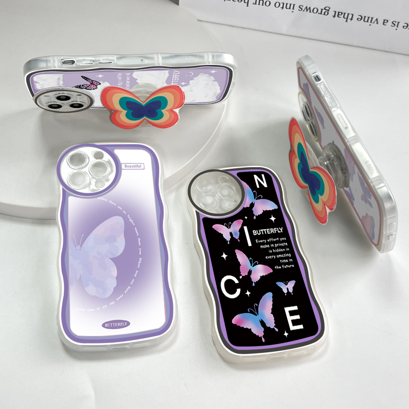 Jizetin for iPhone 13 Mini Back Cover + Free Pop Socket Colorful Butterfly Soft Wavy Shape TPU Phone Case For Girls Boys. 