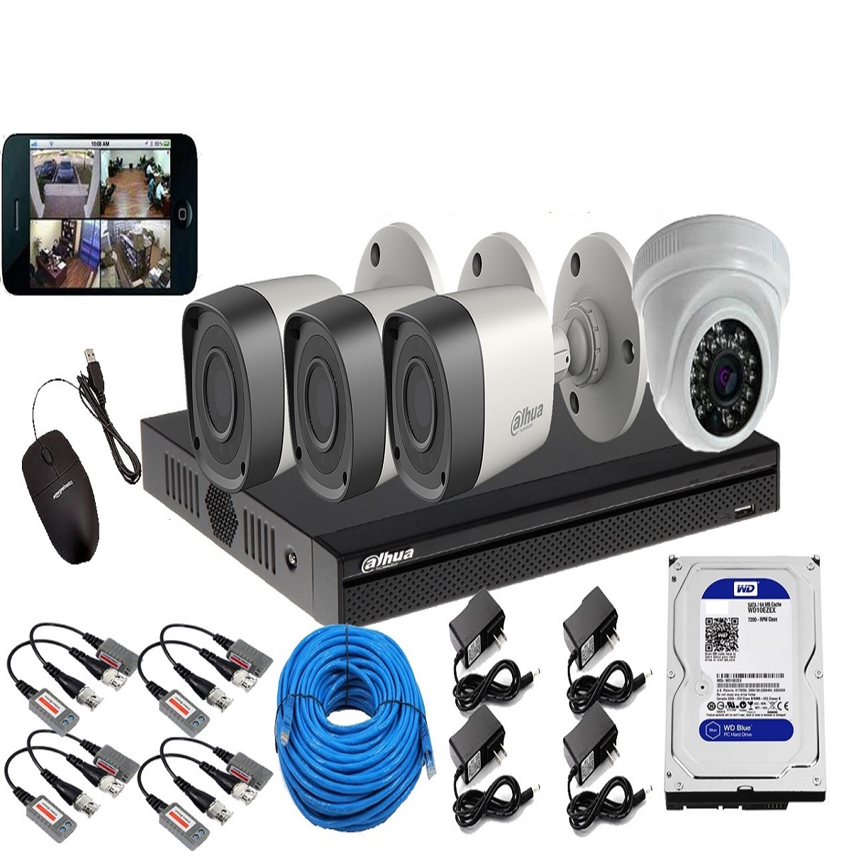 DAHUA 4-Pcs Set Full Color HD CCTV CAMERA PACKAGE with All Accessories (2MP-1080p Camera). 
