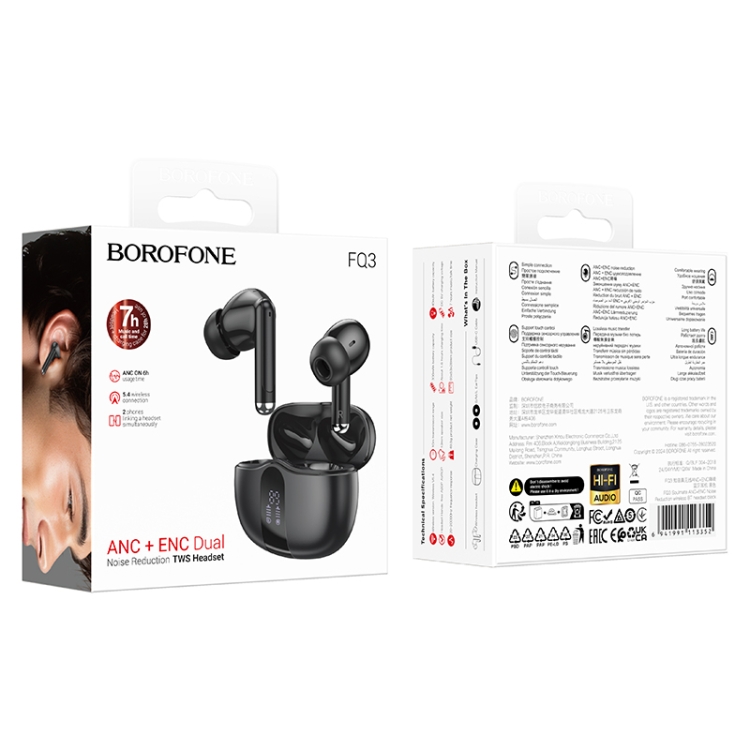 Borofone FQ3 Soulmate ANC+ENC Noise Reduction Wireless BT Headset TWS Earbuds(Black). 