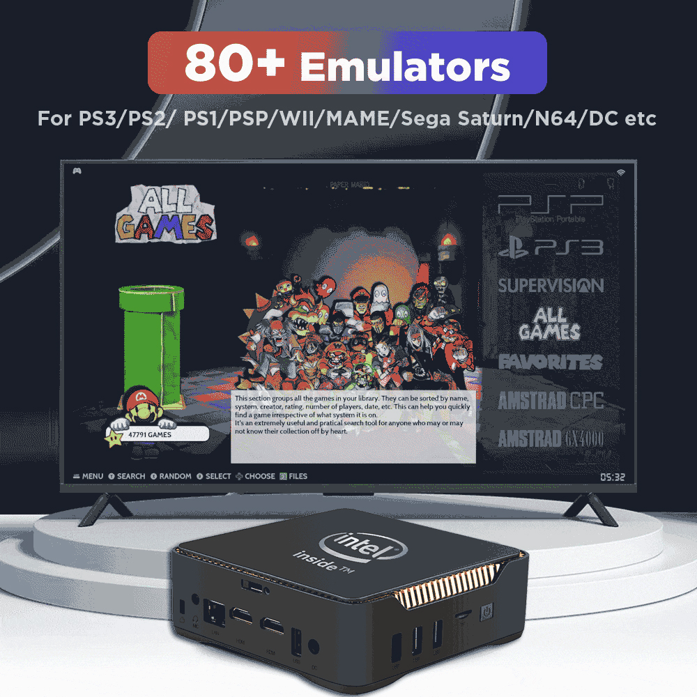 N5105 Gaming Box Retro Video Game Console WIN 11+Batocera OS 80+Emulators 2T HDD For PS3/PS2/PS1/Wii/XBOX/N64/DC/SS 52000+ Games. 