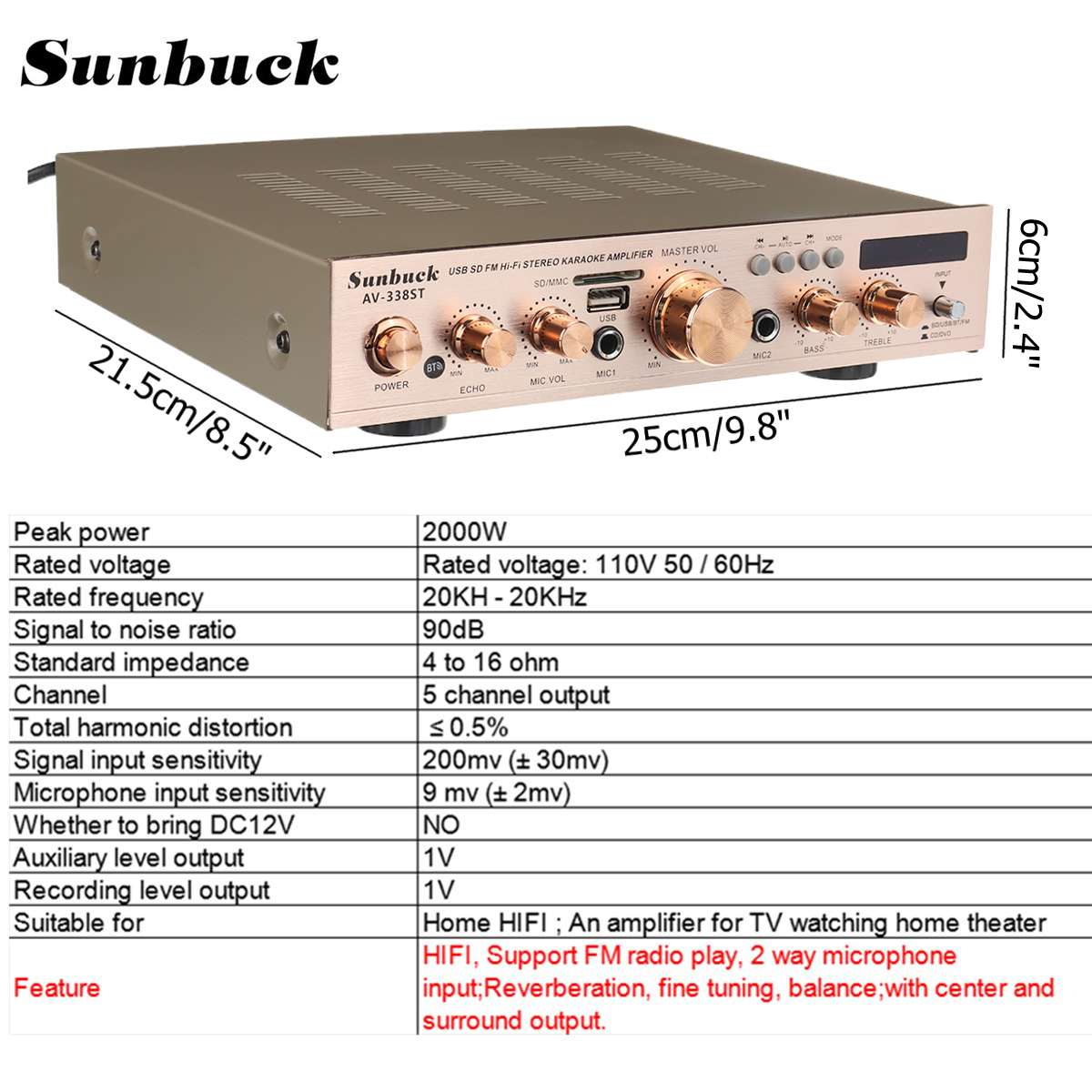 SUNBUCK 2000W 50/60Hz HIFI Digital Stereo Audio Power Amplifier Speaker 5 Channel Support 2 Microphone AUX Input AV-338ST - Black. 
