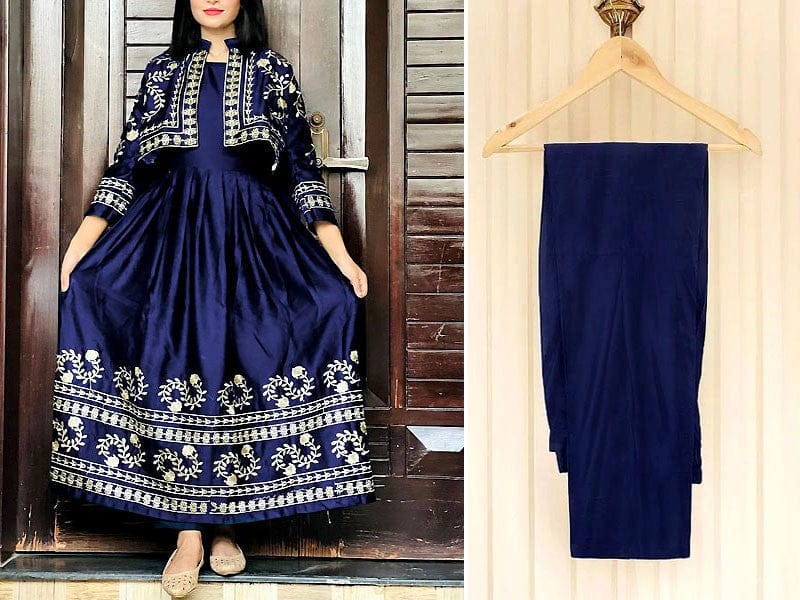 Readymade 2-Piece Koti Style Embroidered Shamoz Silk Frock Daraz