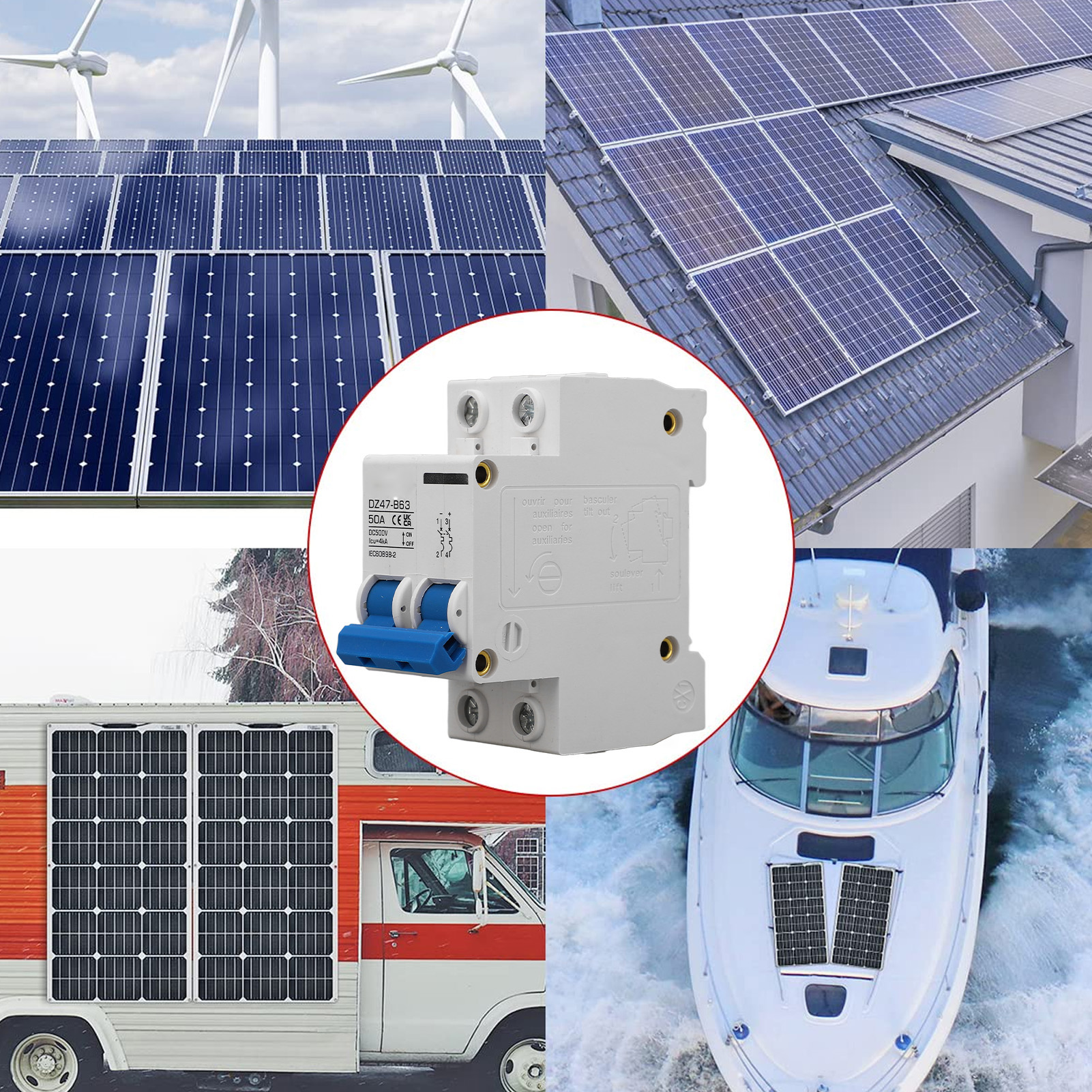 2P Circuit Breaker, Short Circuit Protection Switch DC 500V 50A Multifunctional for Ship Power System. 