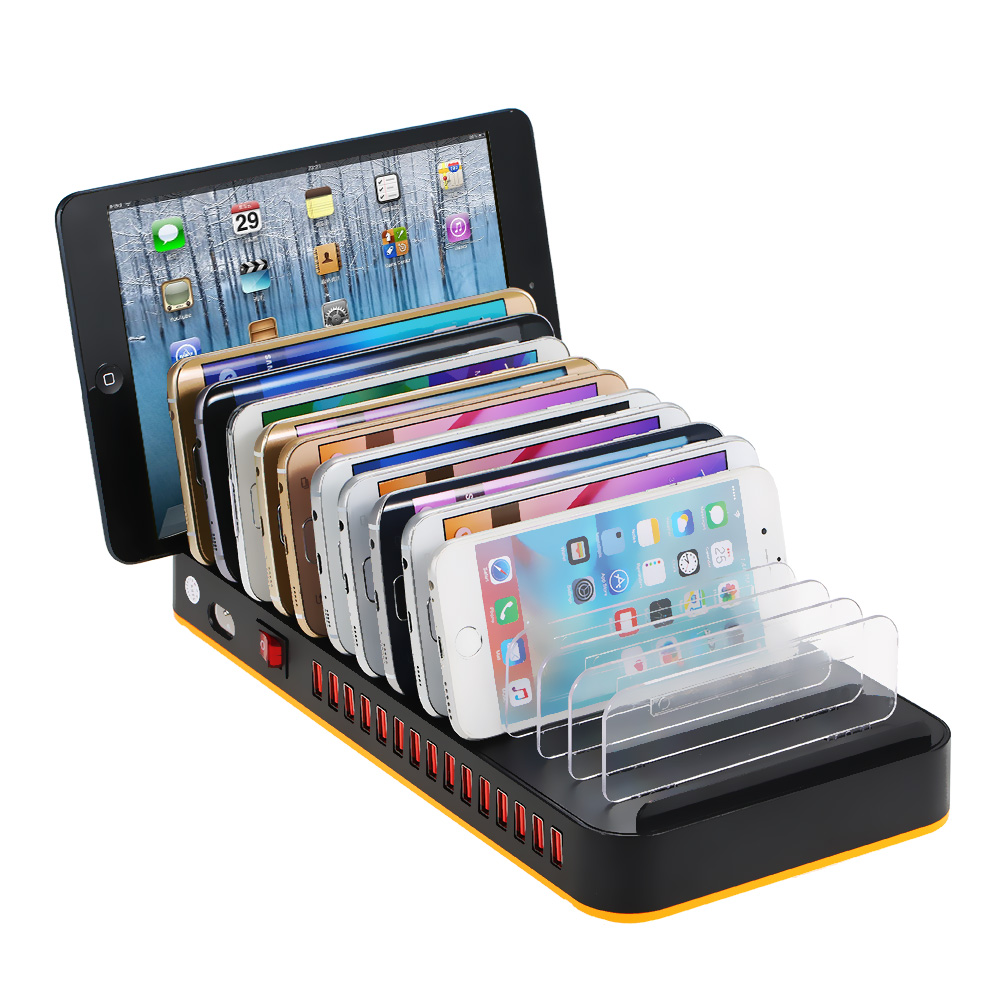 80W 15-Port Adjustable Dividers USB Charger Smart Charging Station Dock Multi Device Desktop Organizer Hub Stand with Intelligent IC Auto Detect Tech. 