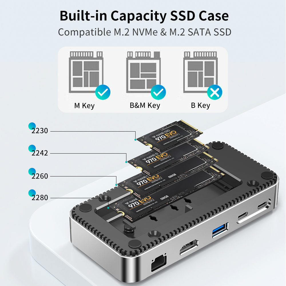 Yottamaster USB C HUB with Cooling Fan M.2 NVMe SATA SSD Enclosure External 10Gbps 4K 60Hz HDMI-Com RJ45 SD/TF Docking Station. 