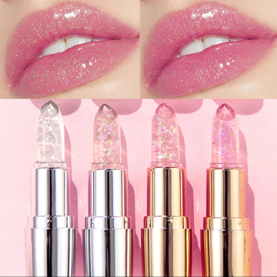 Soft Jelly Lipstick Color Changing Glossy Hydrating Moisturizing Glitter Lipstick Sparkling Sequins Turning Red Shade Lip Balm. 