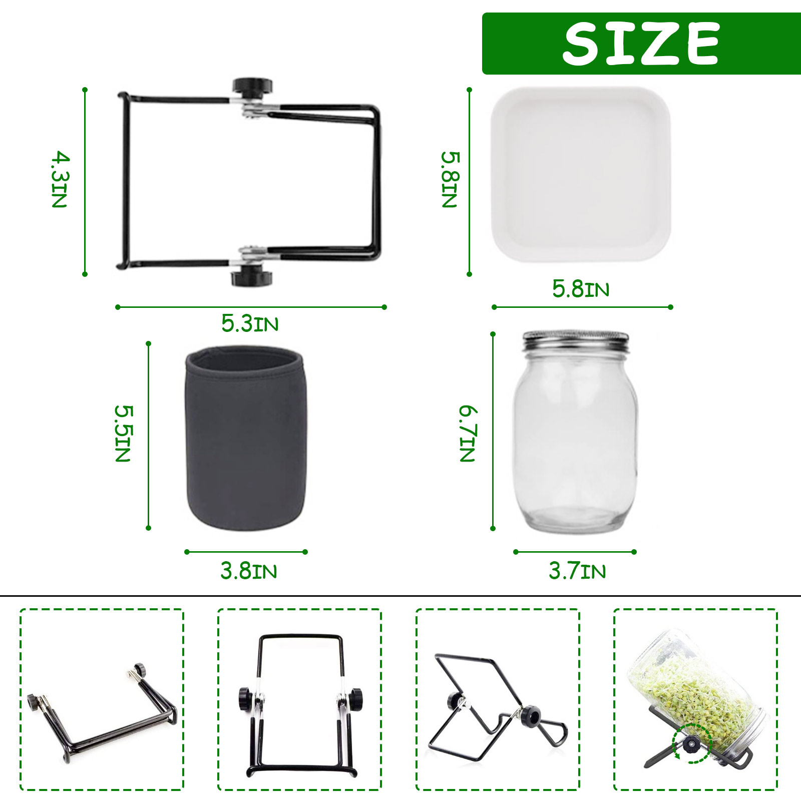 Seed Sprouting Jar Kit Durable Glass Bean Sprouts Growing Kit with Stainless Steel Screen Sprout Lids Stands Shading Cloths Tray. 