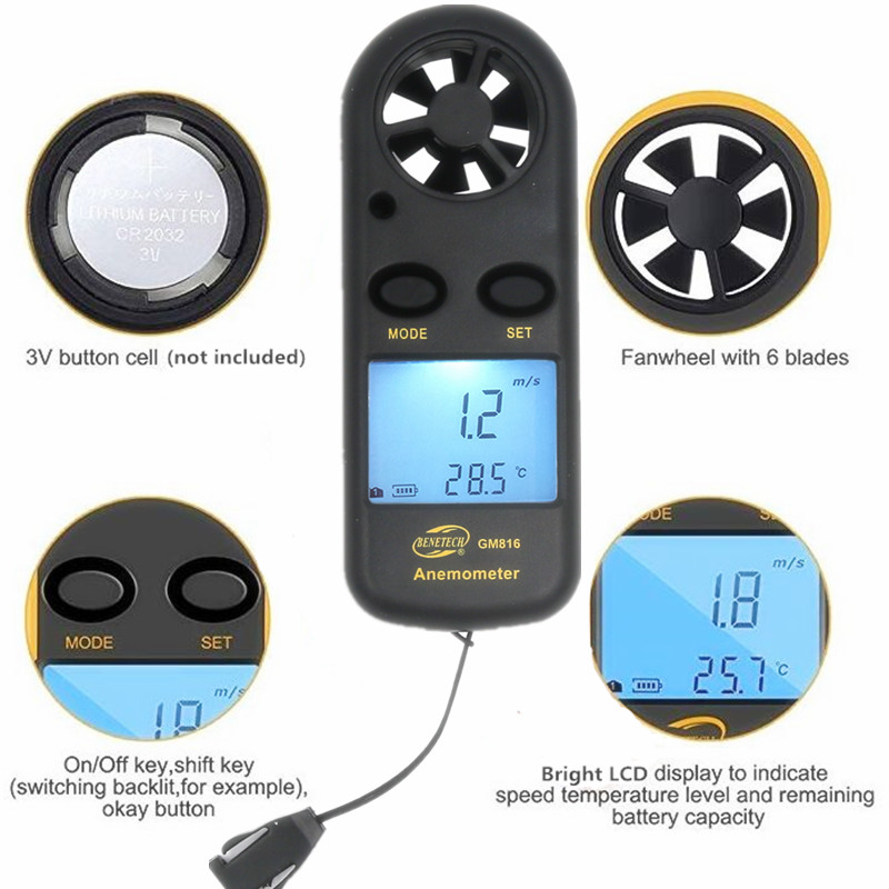 Digital Anemometer 0-30m/s Wind Speed Meter Mini Air Velocity Airflow -10°C ~ 45°C Temperature Tester with LCD Backlight. 