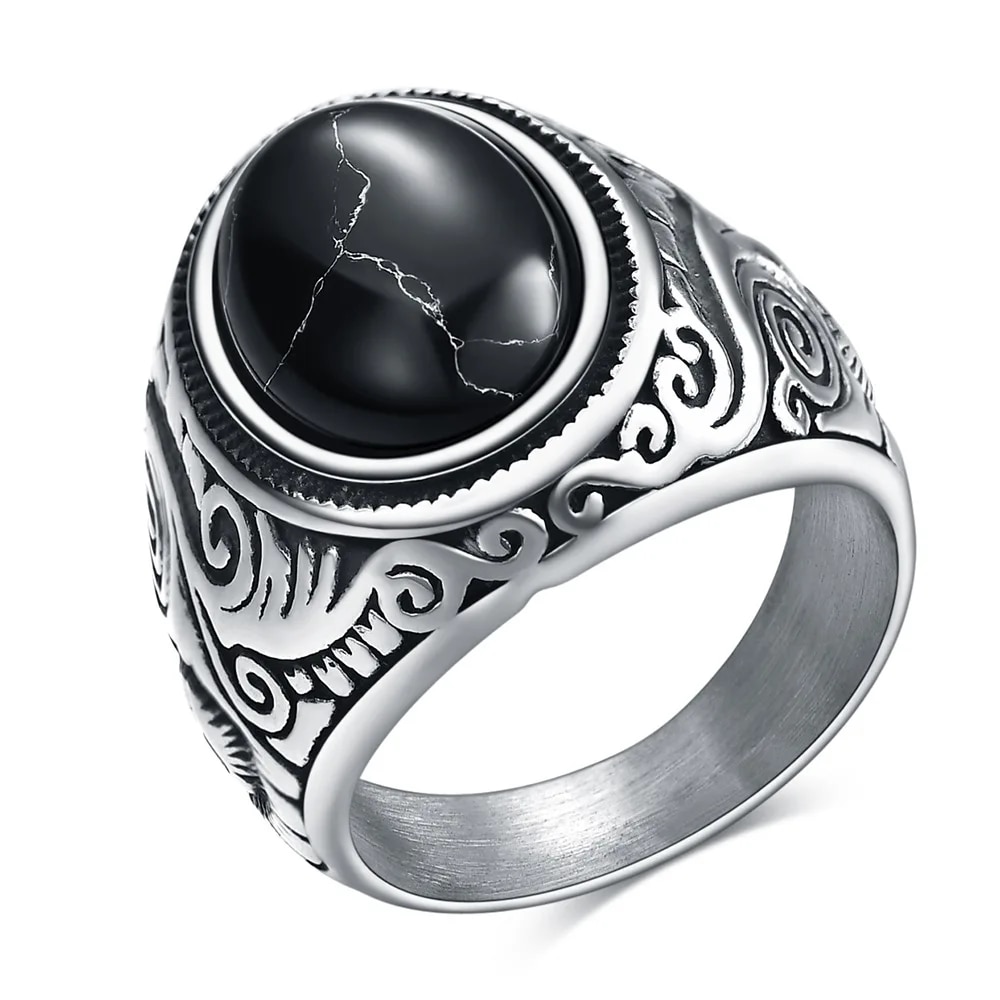 HNSP 316L Stainless Steel Natural Stone Ring For Men Black Brown Blue Color Jewelry Vintage Accessories