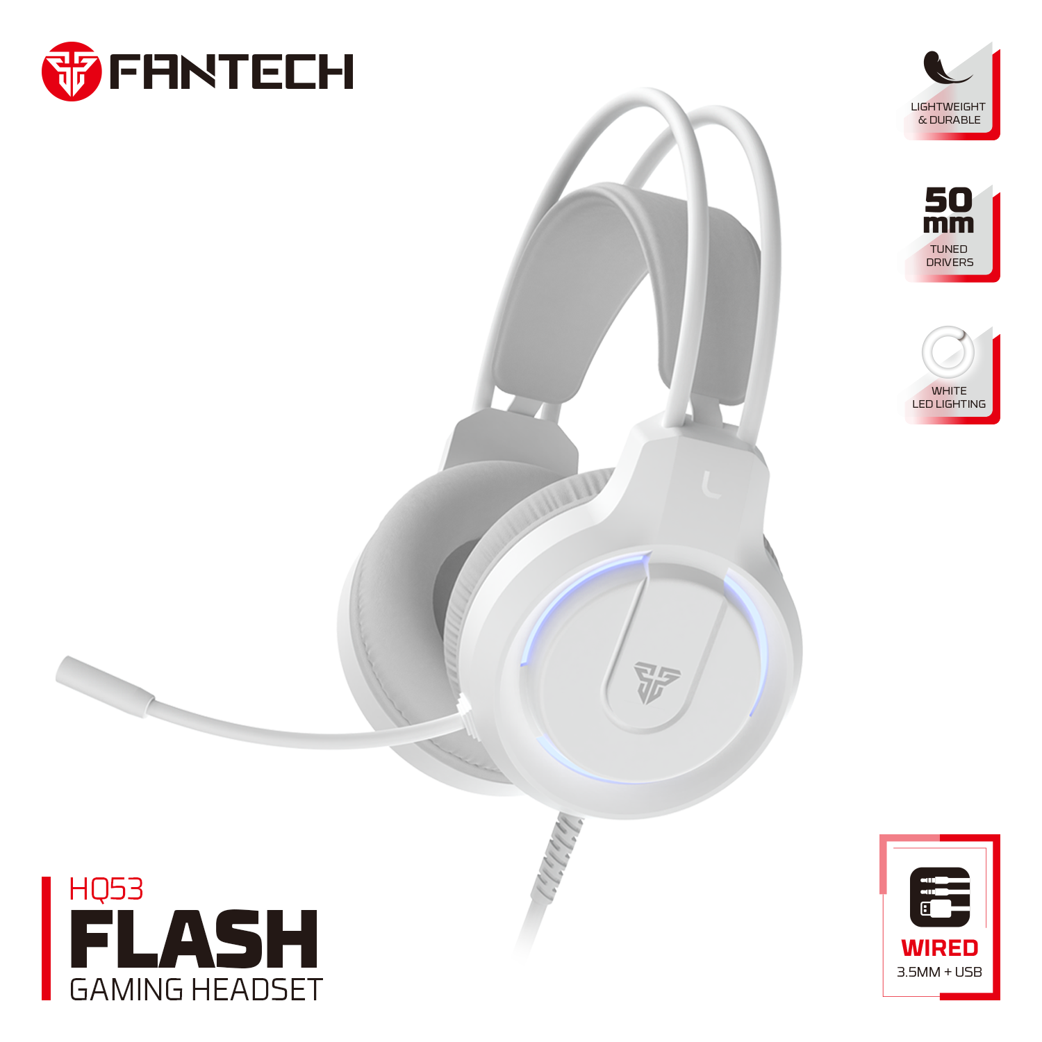 FANTECH HQ53 FLASH LIGHTWEIGHT RED/WHITE ACCENT LIGHTING GAMING HEADSET