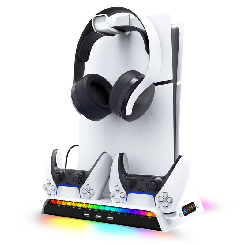 For Slim Console Cooling Dock with 3-Speed Airflow Gamepad Holder Charging Headset Hanger with RGB Lights Durable. 
