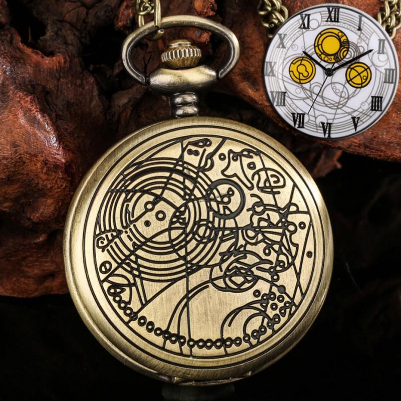 Retro Bronze Time Lord Space Exploration Design Quartz Pocket Watch Men Necklace Popular Movie Hero Cosplay Pendant Watch Chain. 
