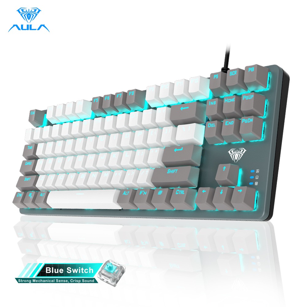 AULA F3287 Wired TKL Rainbow Mechanical Gaming Keyboard, 80% Compact Tenkeyless 87 Keys Layout w/Tactile Blue Switches, White & Grey Mixed-Color Keycaps, Programmable Macro Keys. 