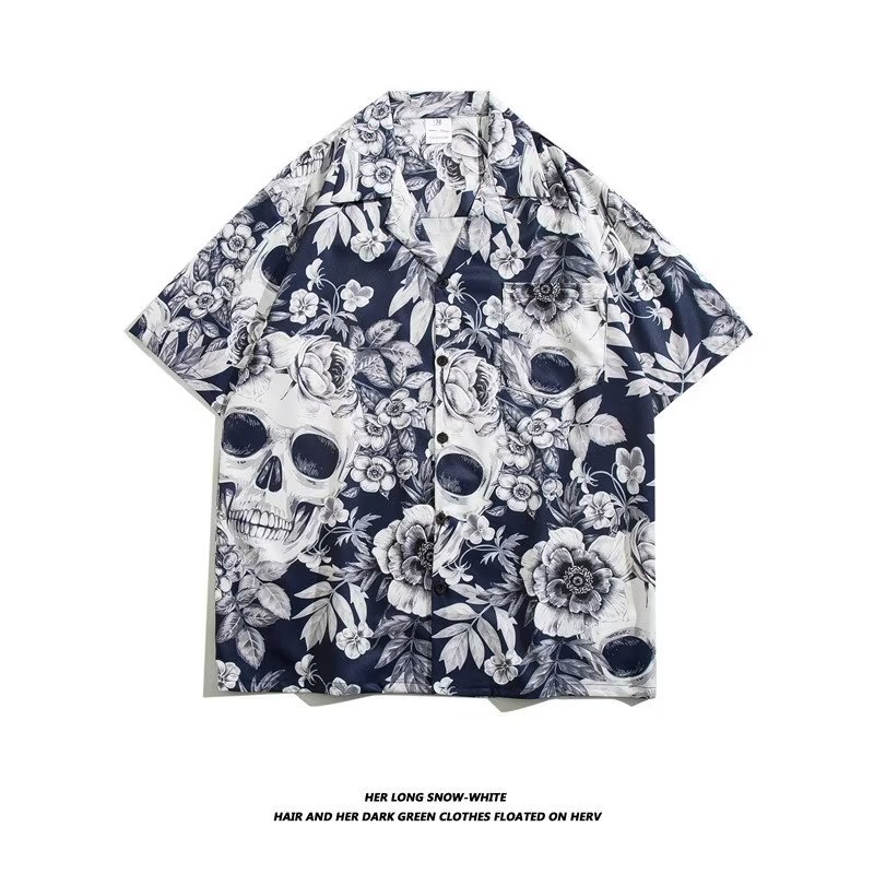 Trendy casual Cuban collar flower shirt boy's national tide ethnic style shirt handsome beach short-sleeved ins top female