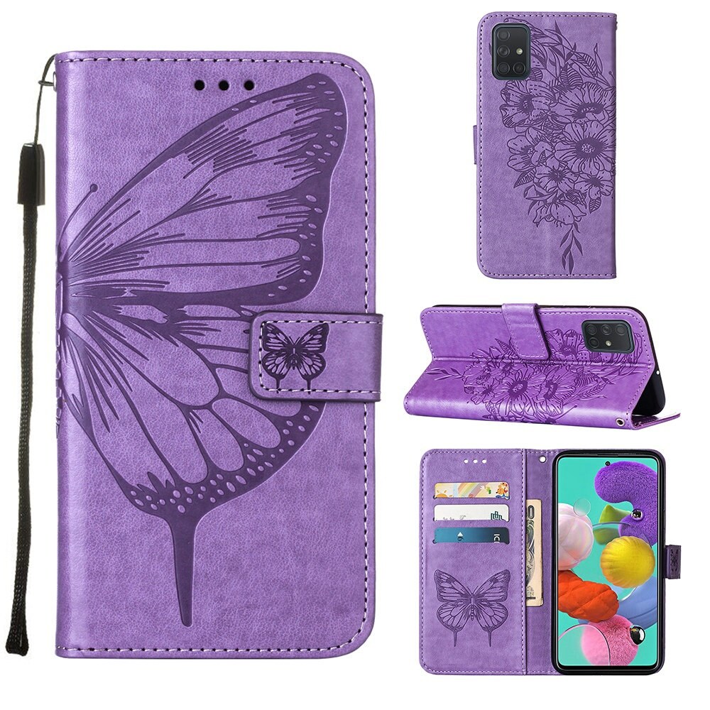 lthmy for Samsung Galaxy A51 Butterfly PU Leather Flip Wallet Card Slots with Hand Strap Stand Cover case