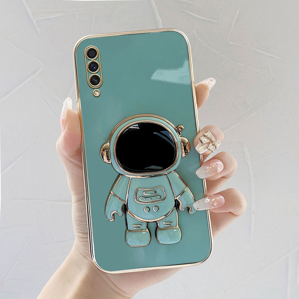 Jizetin for Samsung A30S A50 A50S Back Cover With Astronaut Folding Holder Luxury 6D Plating Case Soft Silicone Bracket Phone Cases
