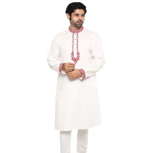 Premium Menâs White & Maroon Cotton Panjabi | Elegant Embroidered Front View Fitness Model Shoot | High-Quality Traditional Indian Ethnic Wear for Weddings, Festivals & Formal Events | Breathable Lightweight Cotton Panjabi for Men