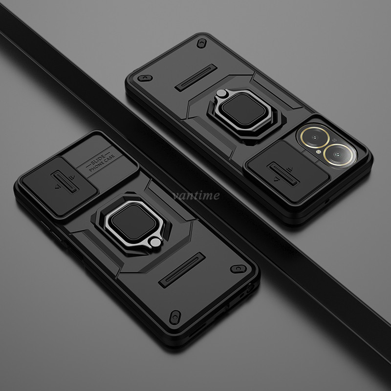 Cover Per Realme C67 4G Con Anello Magnetico 360° E Supporto, Custodia Antiurto TPU E PC Rigido, Nero