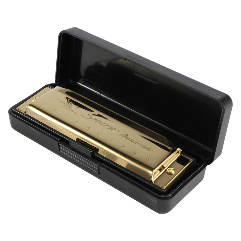 Swan Harmonica 10 Holes Key of C GOLDEN with Case Blues Harp