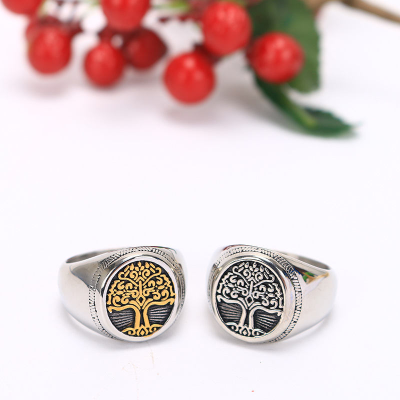 Nordic tree of life ring Titanium steel retro men's ring Viking personality niche design single index finger ring. 