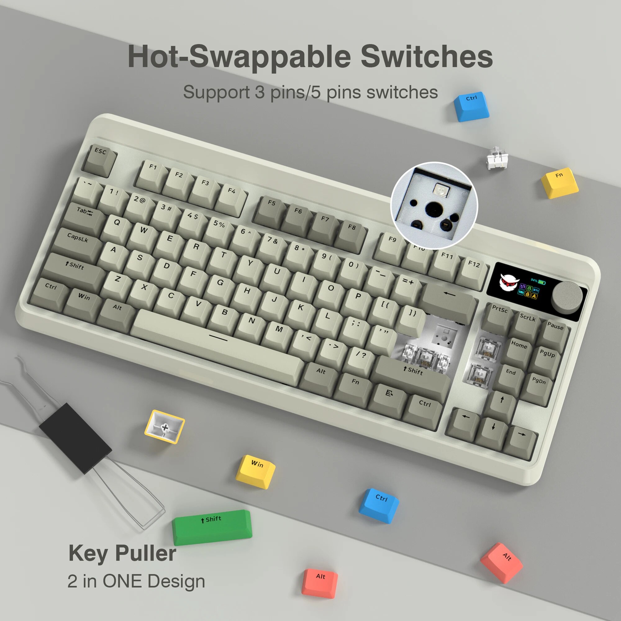 M87 PRO Retro Grey OLED Display Knob 75% TKL Tri-Mode Wireless Mechanical Keyboard Hot Swap Gamer Keyboard RGB Backlit for Win