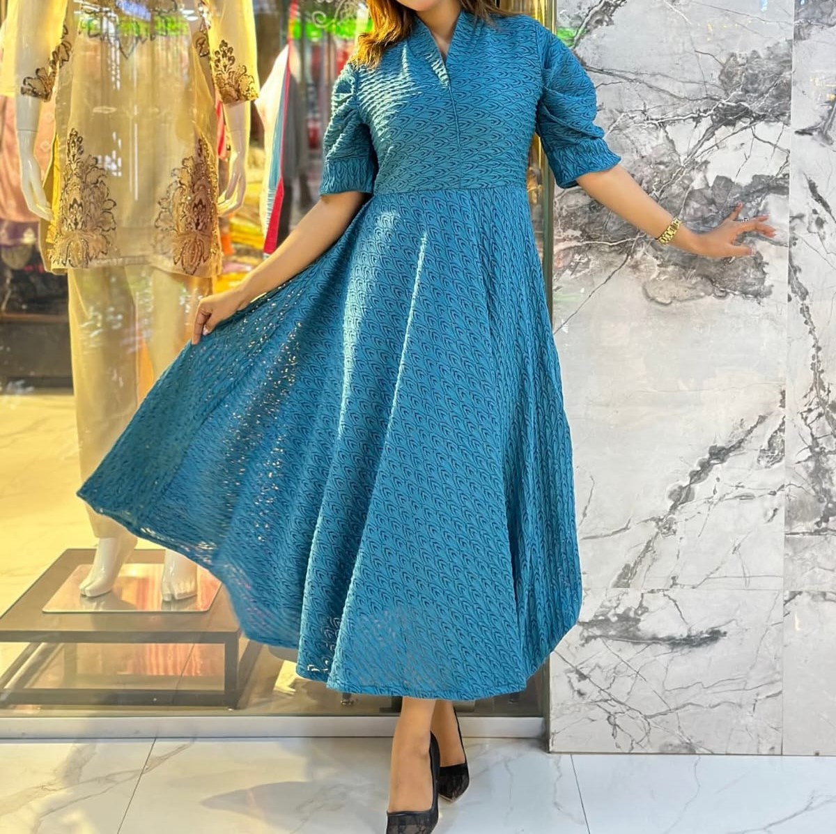 round dress design in bangladesh Indian Designer Embroidered Readymade Semi-Long Round Frock Three Pieces  Set For Women