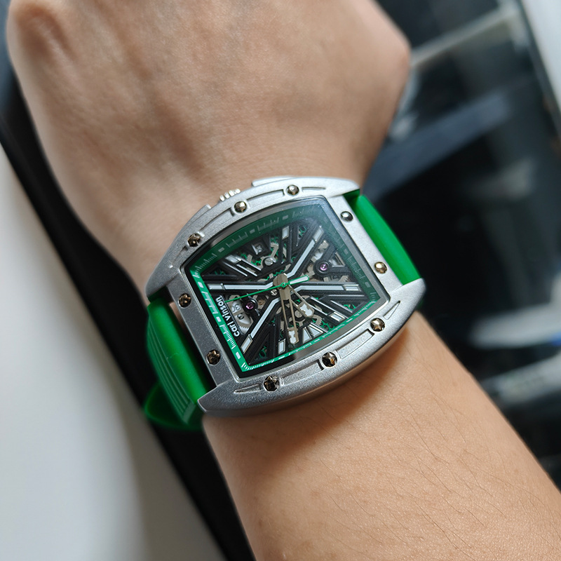Carl vinson brand watch men's new barrel-shaped hollow waterproof luminous tremolo mechanical watch. 
